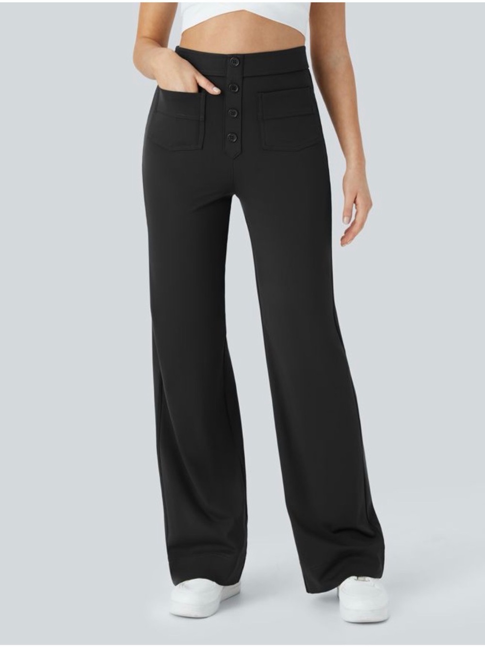HALARA Black High-Rise Wide-Leg Button Front Pants